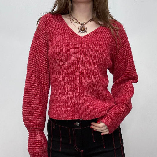 Red chunky knit batwing slouchy jumper