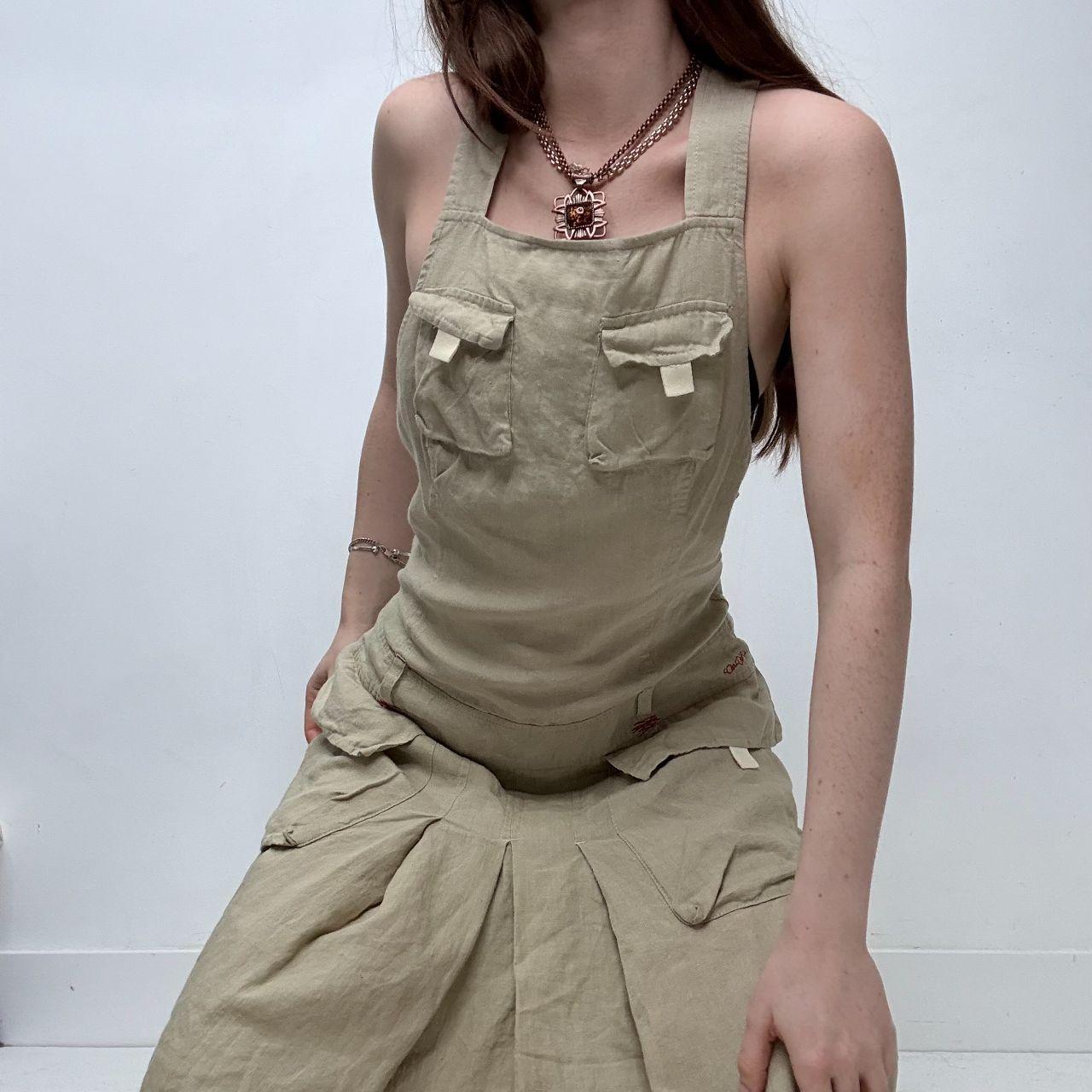 Tan linen pleated cargo dress