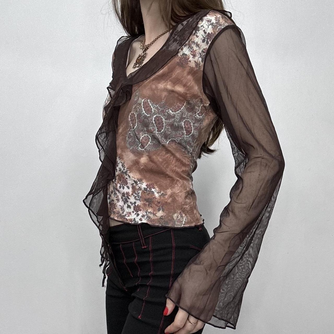 Brown flared floral ruffle shirt