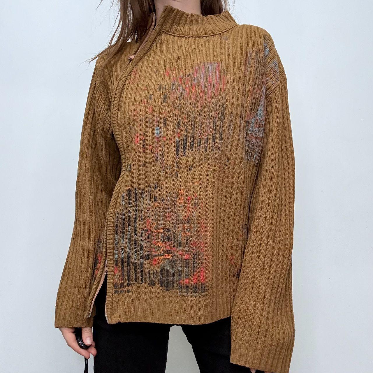 Tan ribbed flared asymmetric-zip jumper