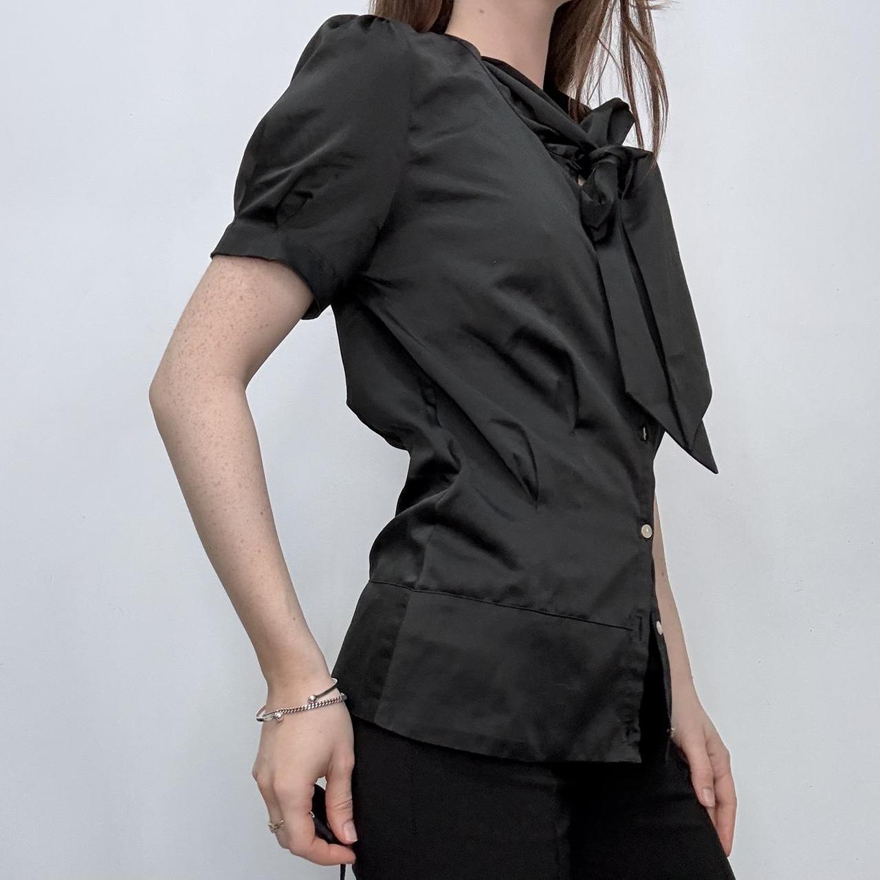 Black satin fitted bow shirt