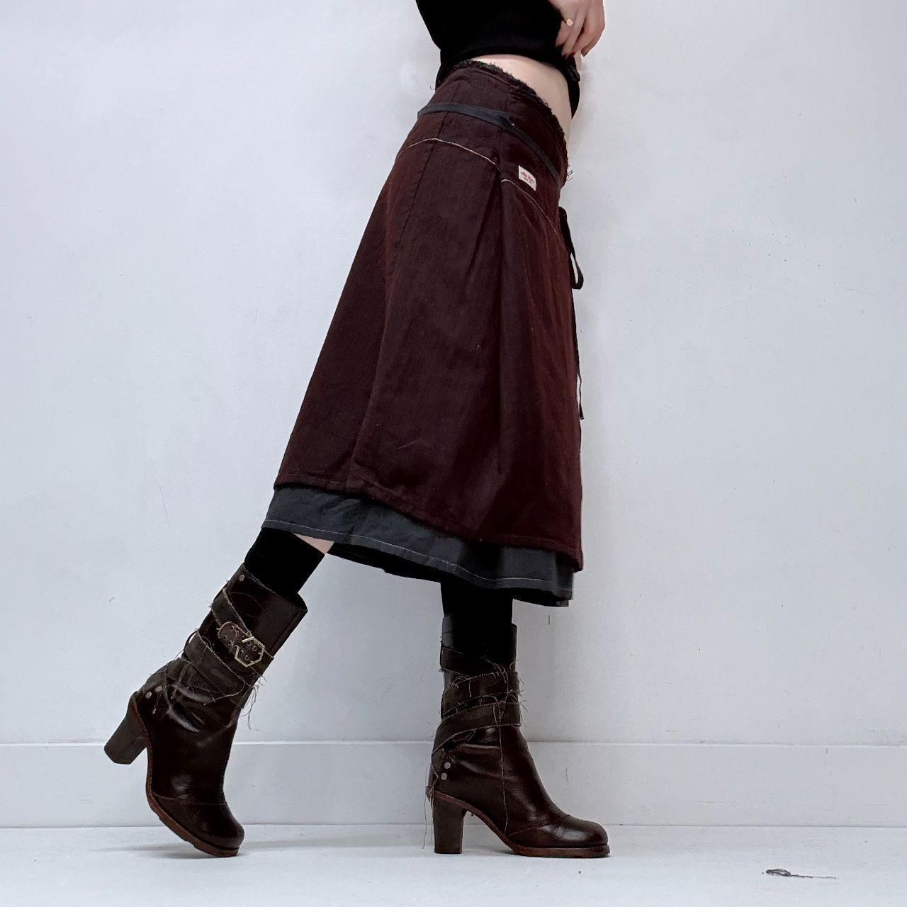 Burgandy wrap-over layered midi skirt