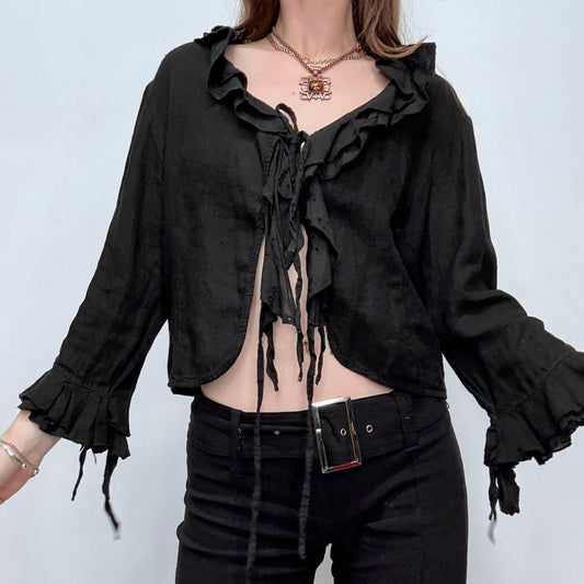 Black ruffle linen flared tie up ruffle shirt