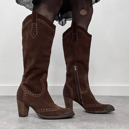Brown leather studded bowboy boots