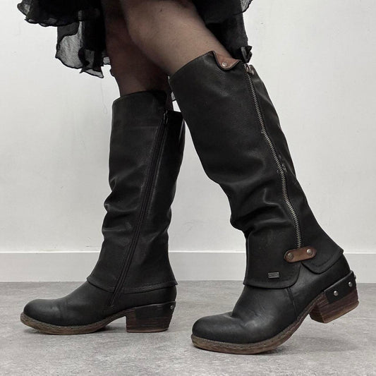 Chunky black leather biker boots