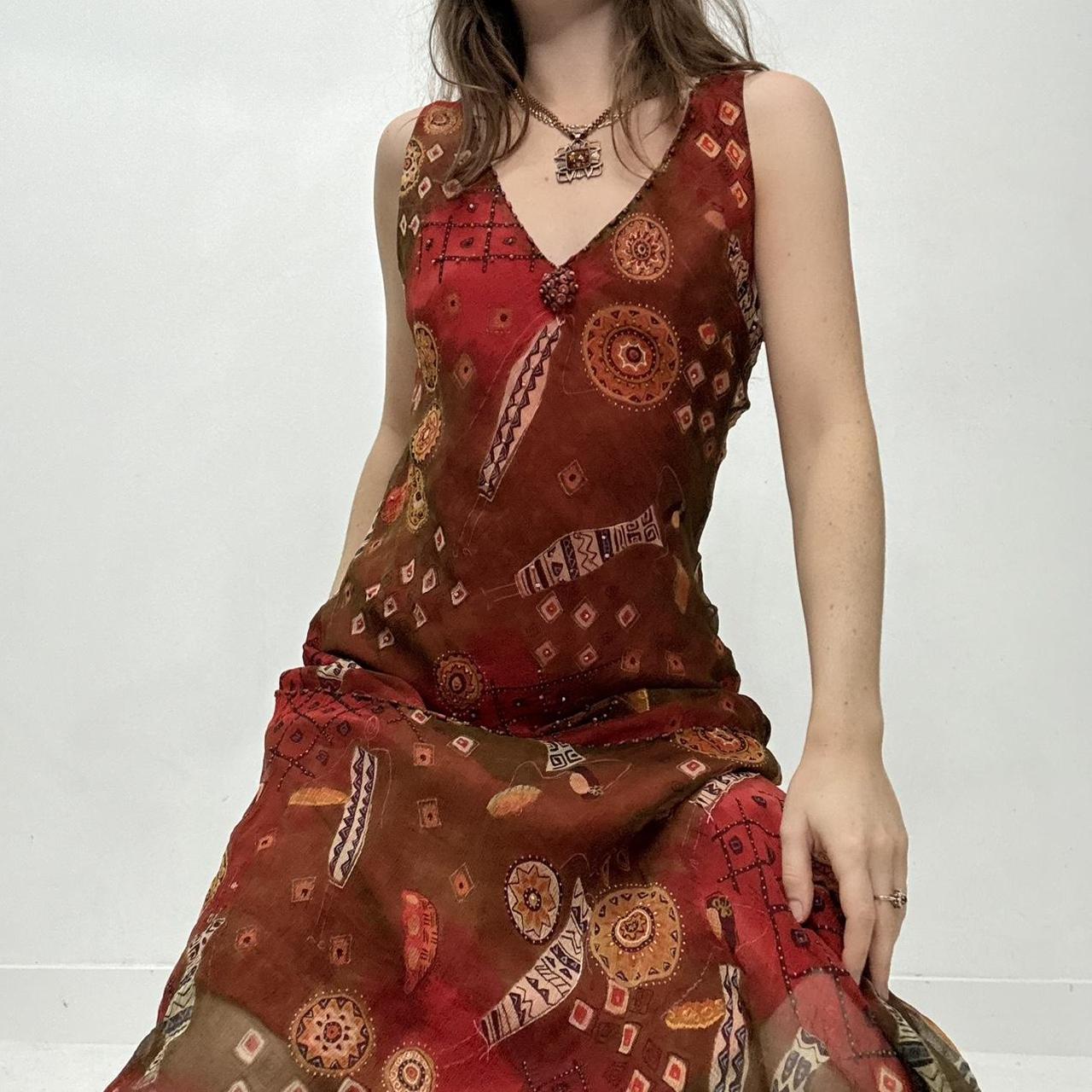 Sheer red boho bias cut maxi dress