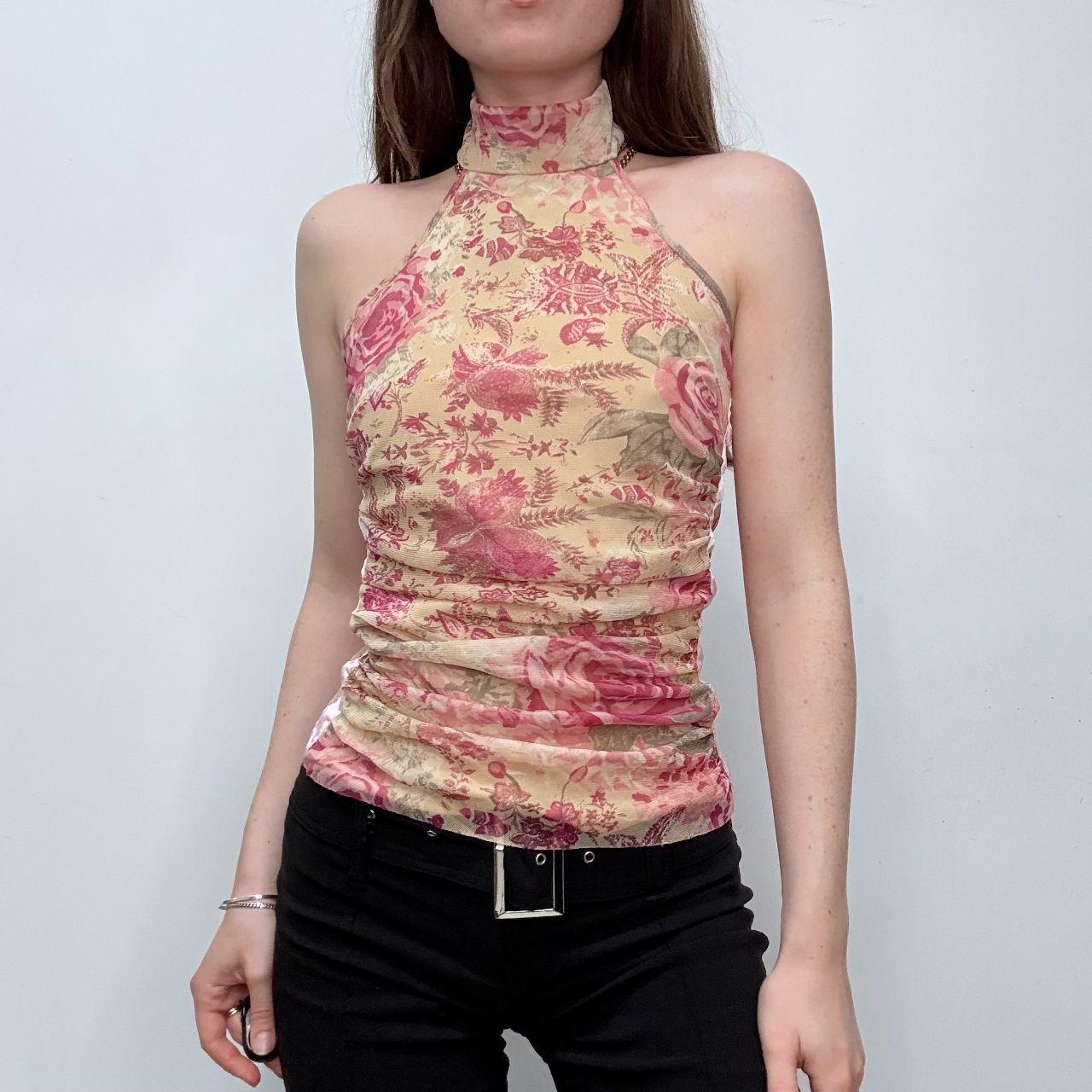 Sheer gathered mesh halter top