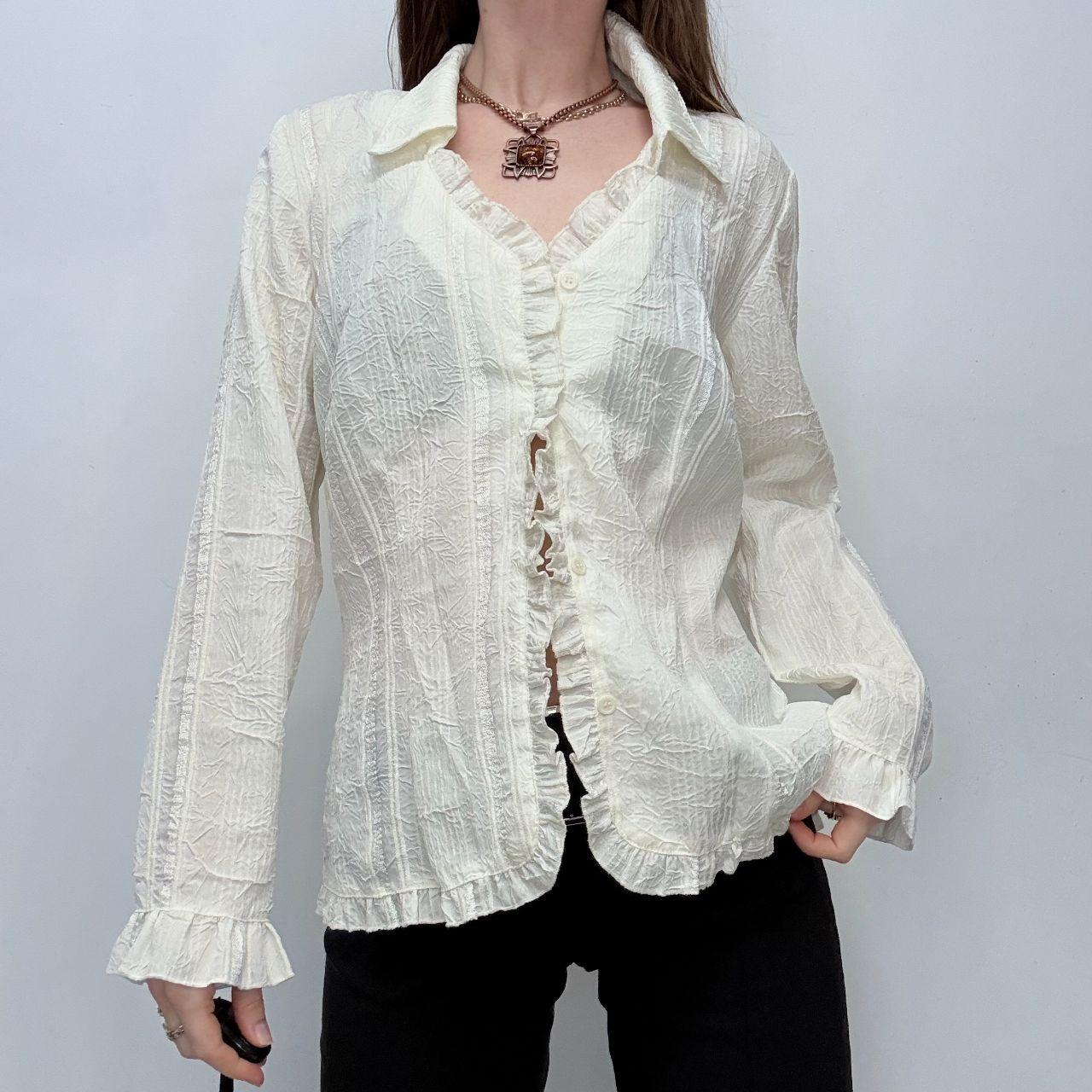 Cream crinkle pinstripe lace shirt