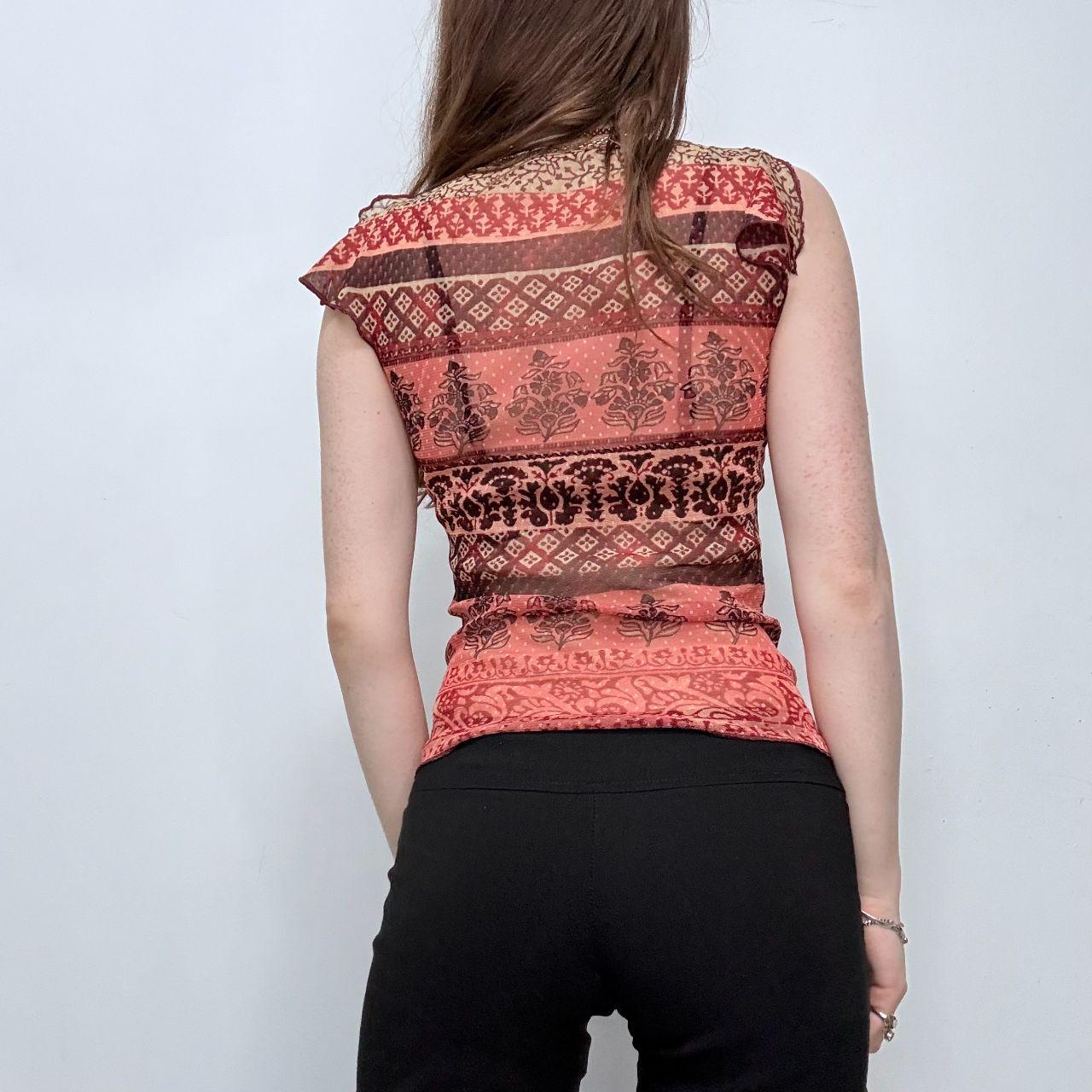 Sheer gathered patchwork mesh vest