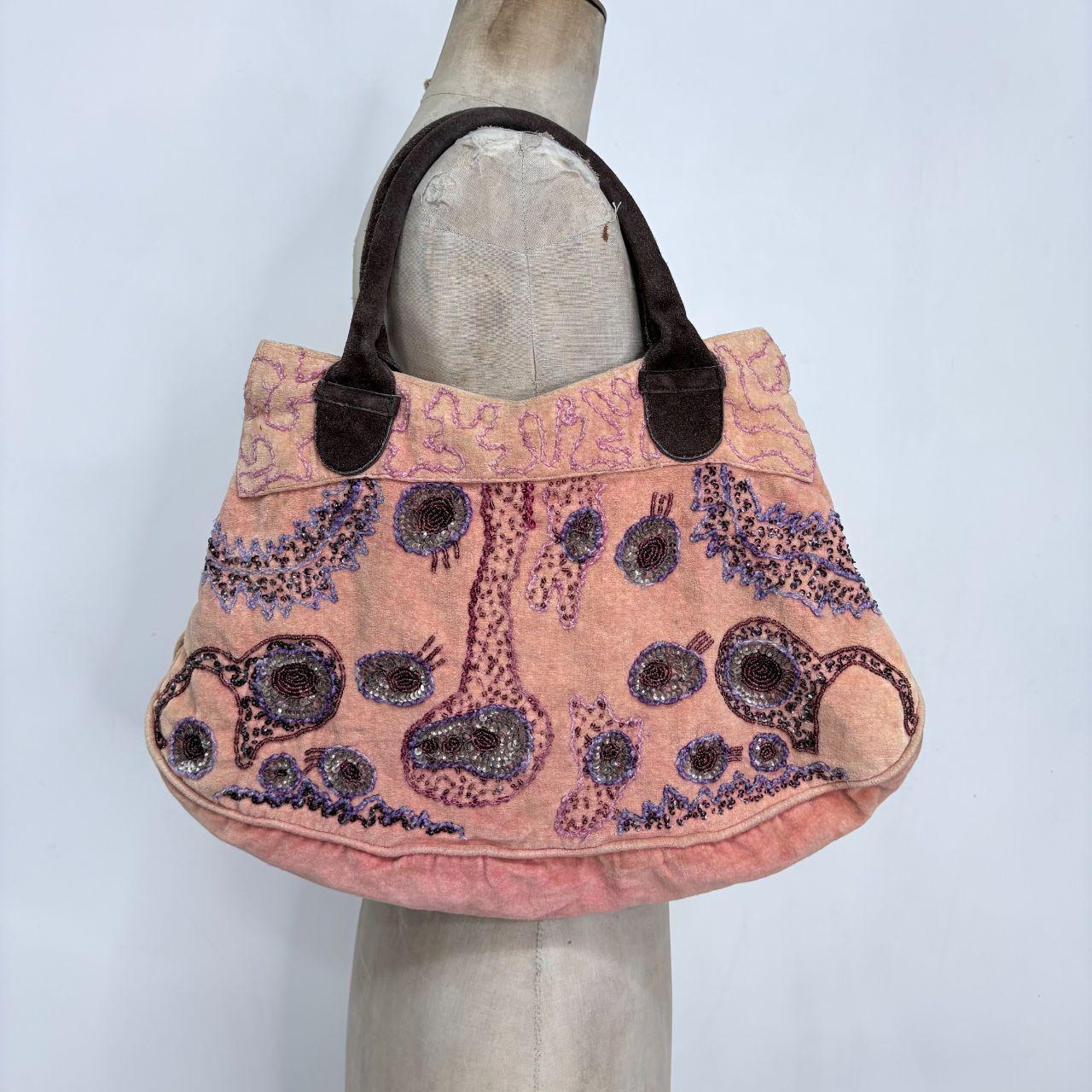 Pink velvet embroidered boho bag