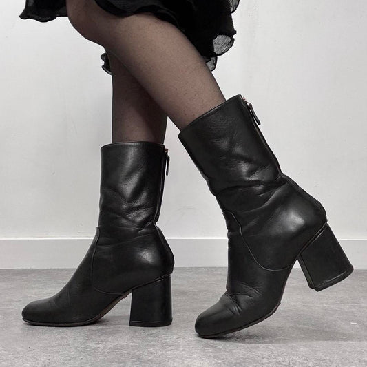 Black leather square heel boots