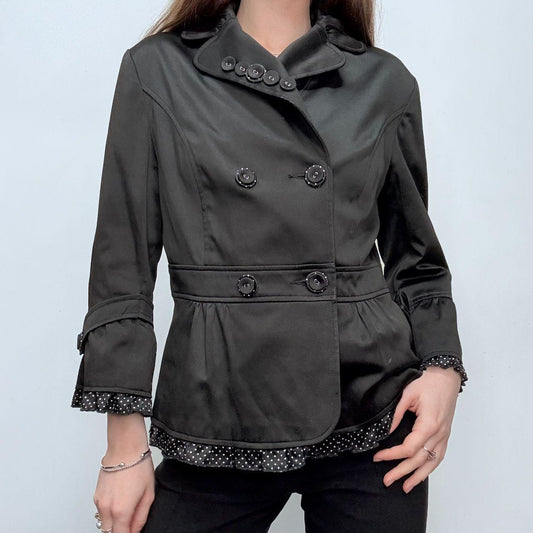 Black satin polka dot flared pea coat