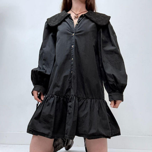 Black puff embroidered shirt dress