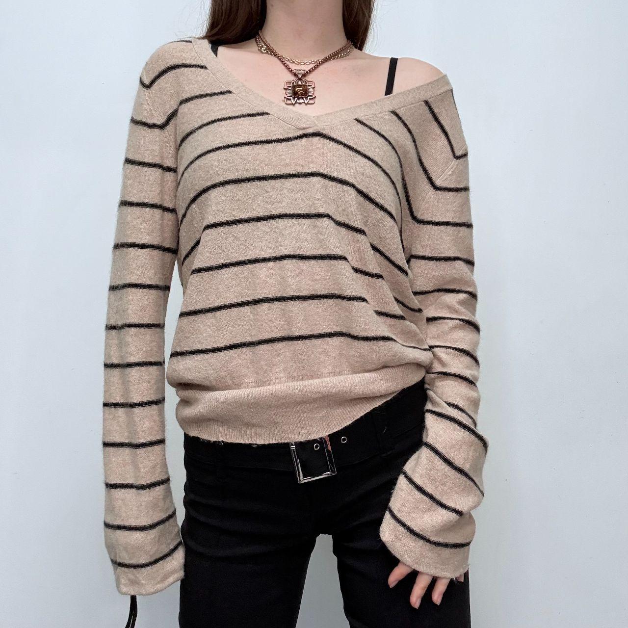 Tan pinstripe wide neck slouchy jumper