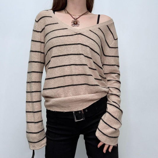 Tan pinstripe wide neck slouchy jumper