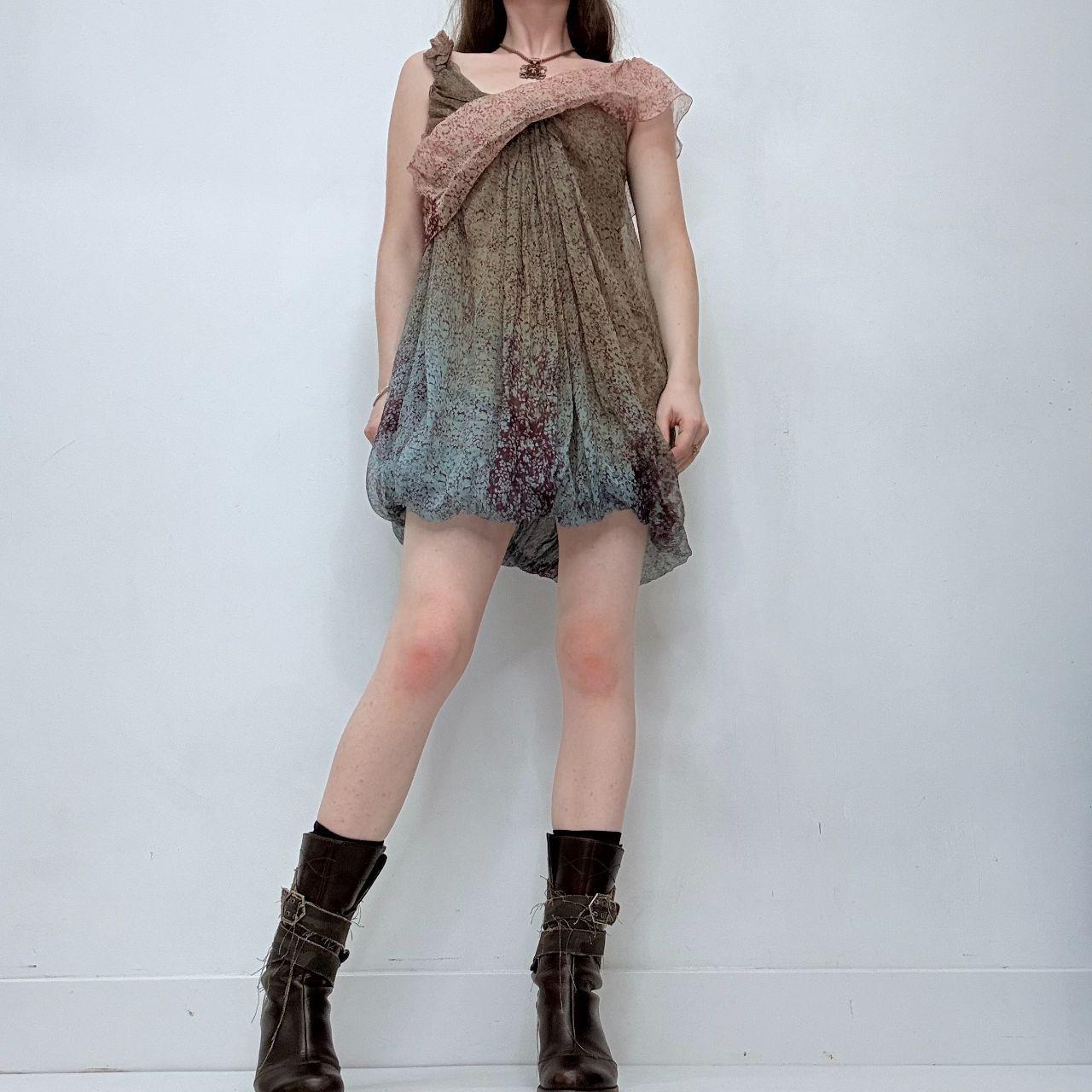 Sheer floral flutter asymmetric mini dress