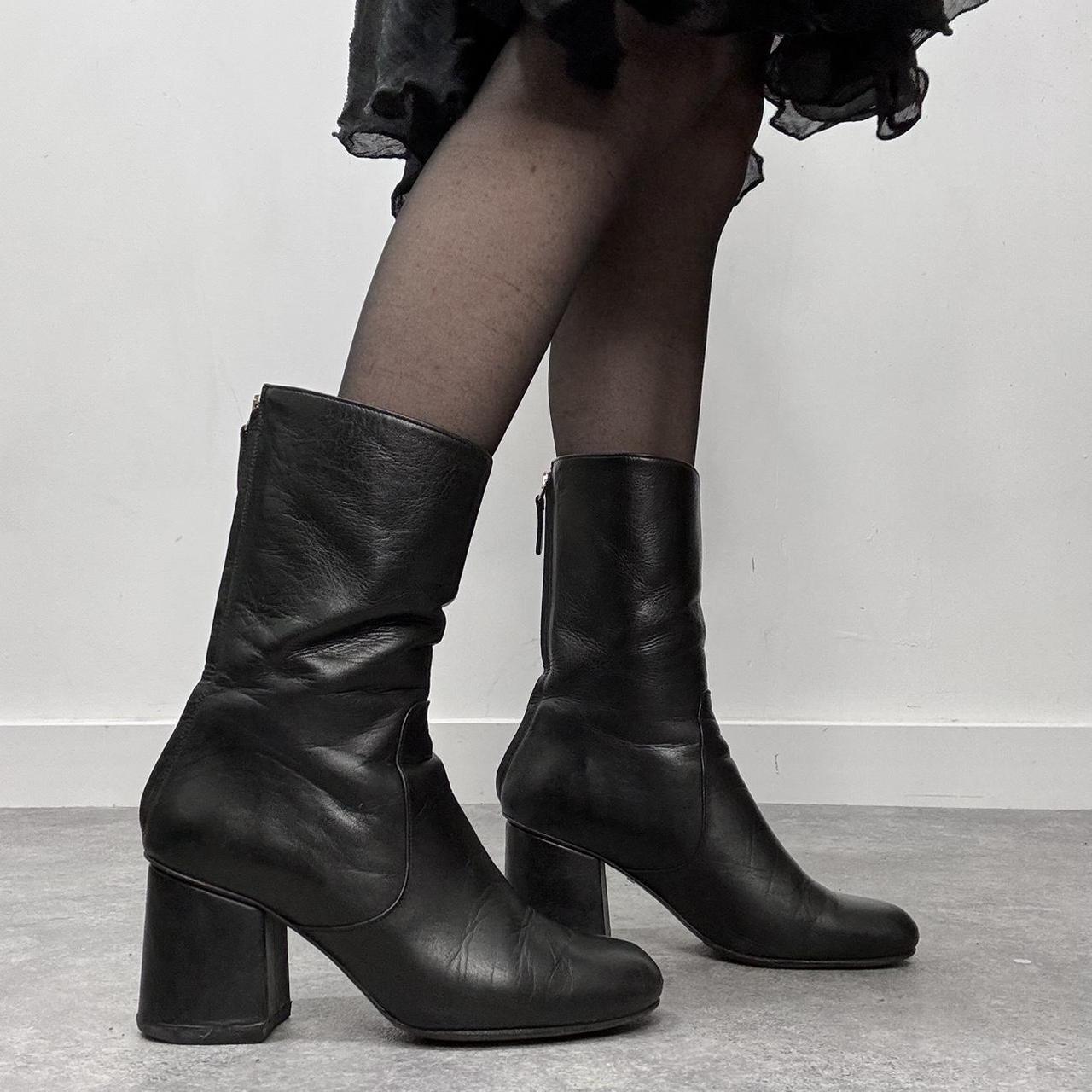 Black leather square heel boots