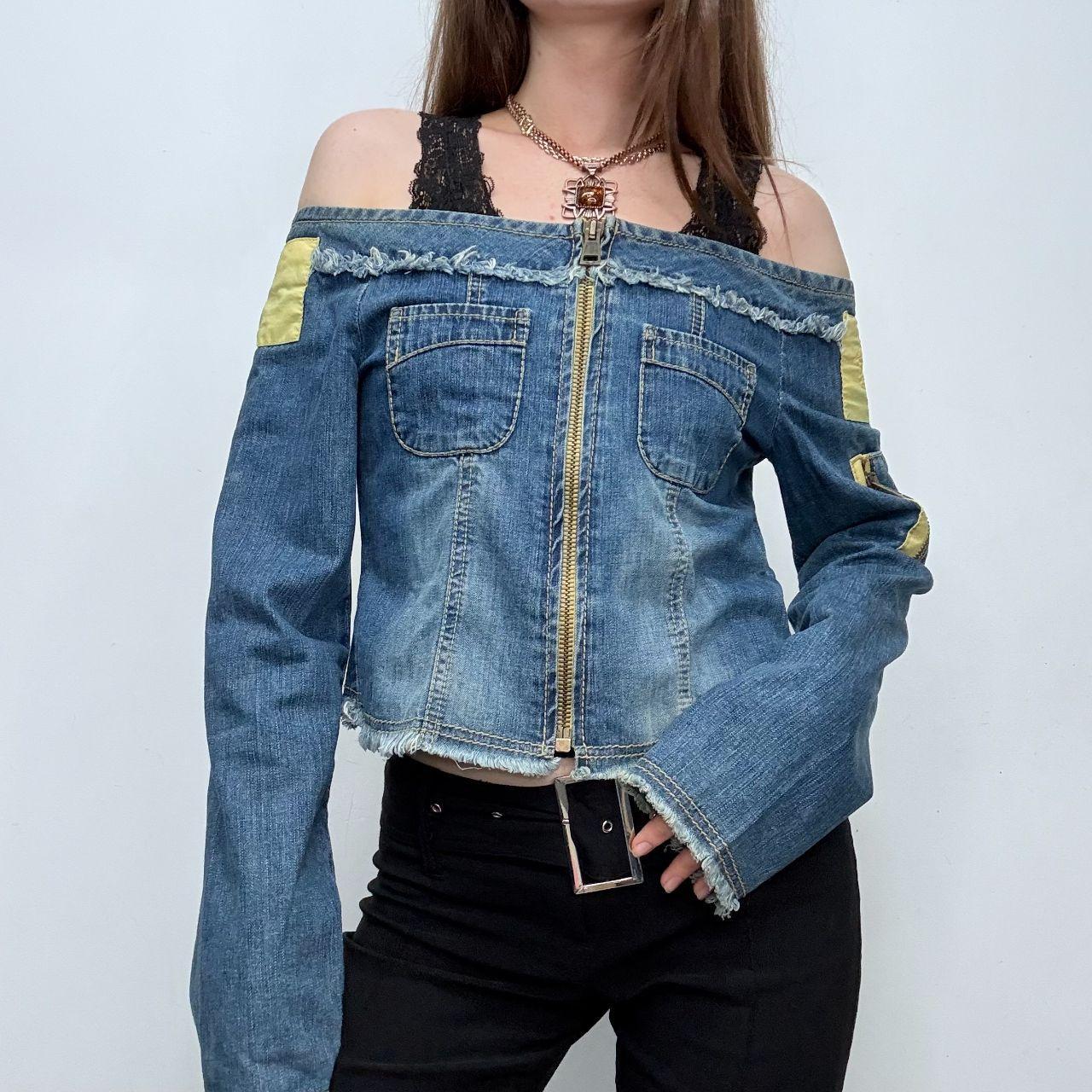 Distressed denim off the shoulder utility jacket