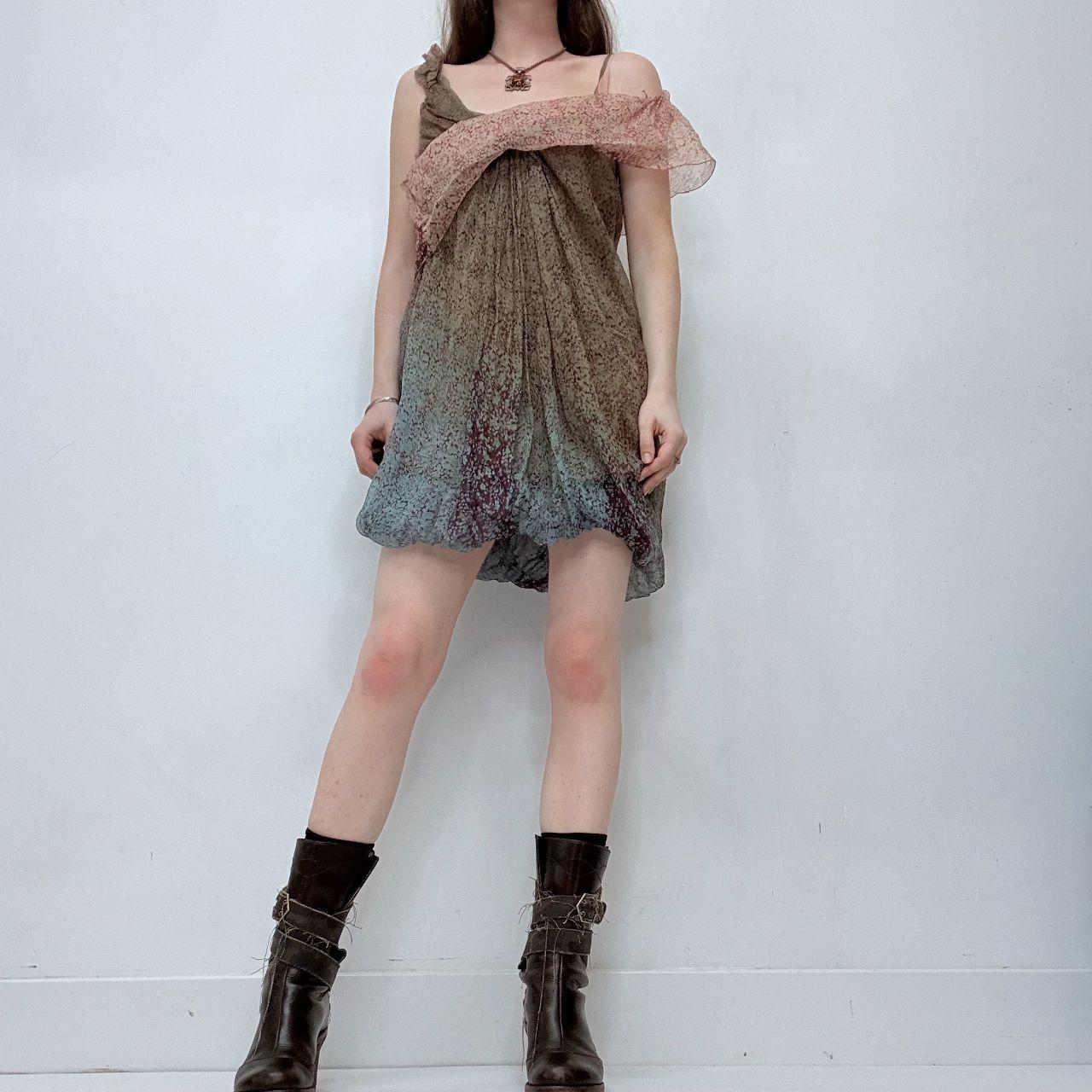 Sheer floral flutter asymmetric mini dress