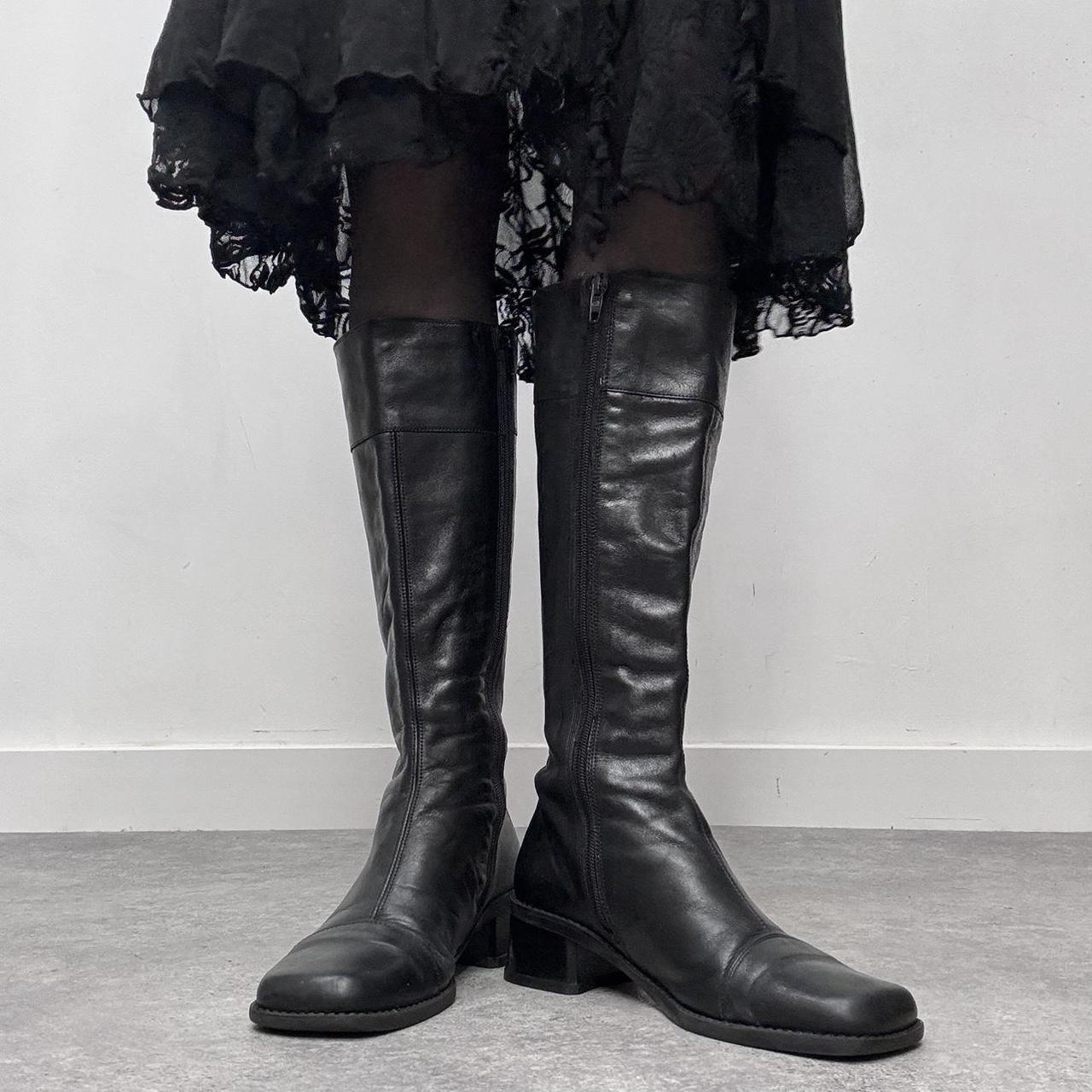 Black leather square toe boots