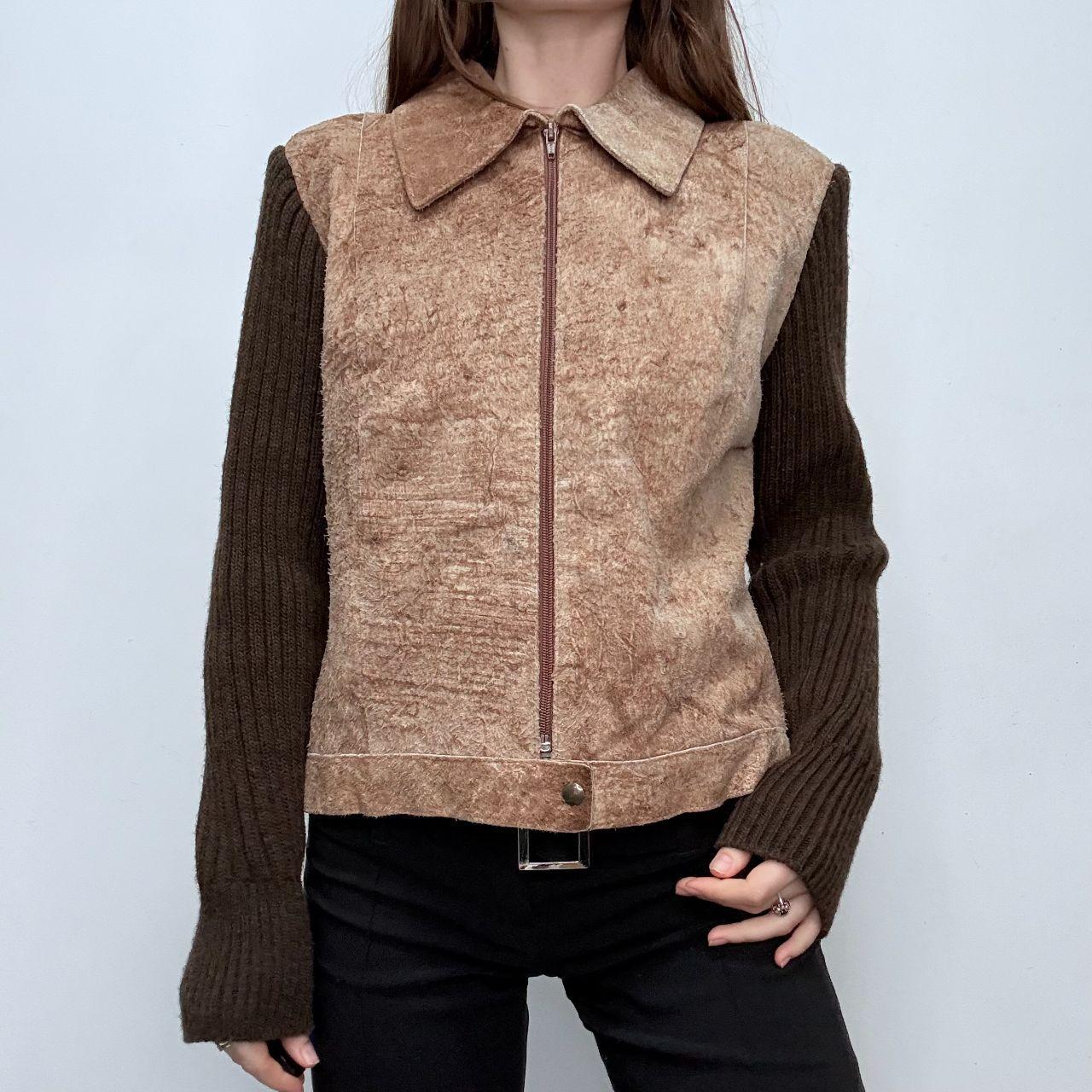 Brown suede hide ribbed knit jacket