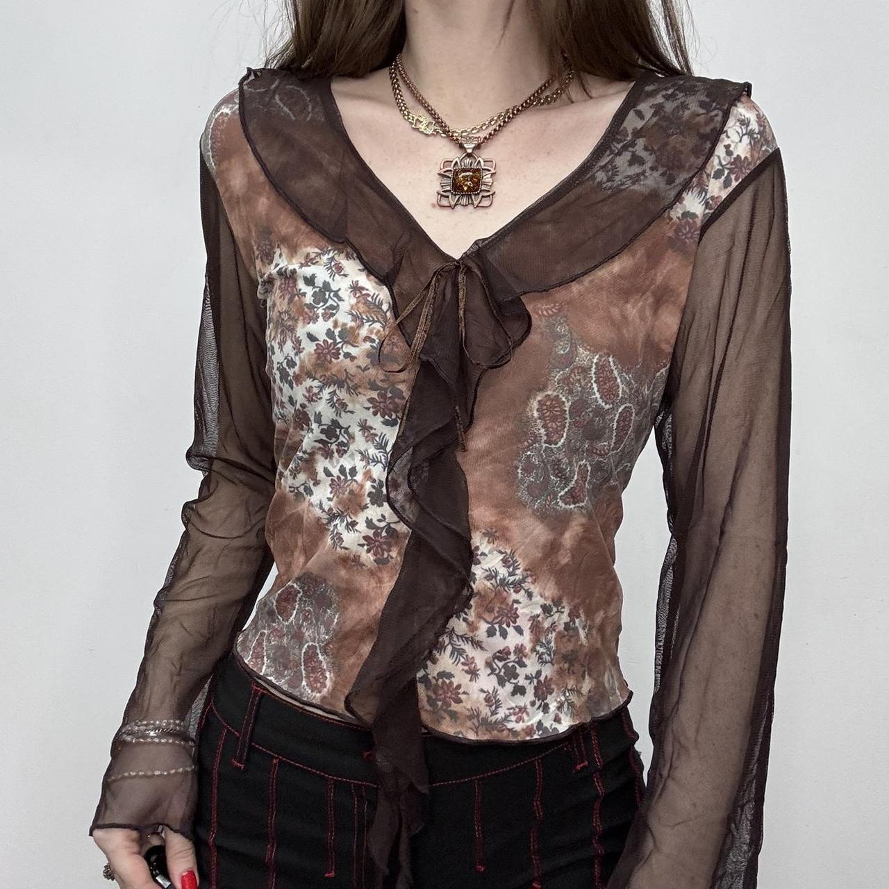 Brown flared floral ruffle shirt