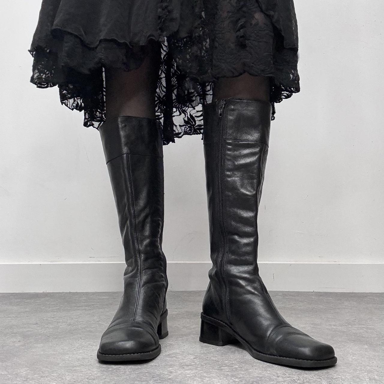 Black leather square toe boots