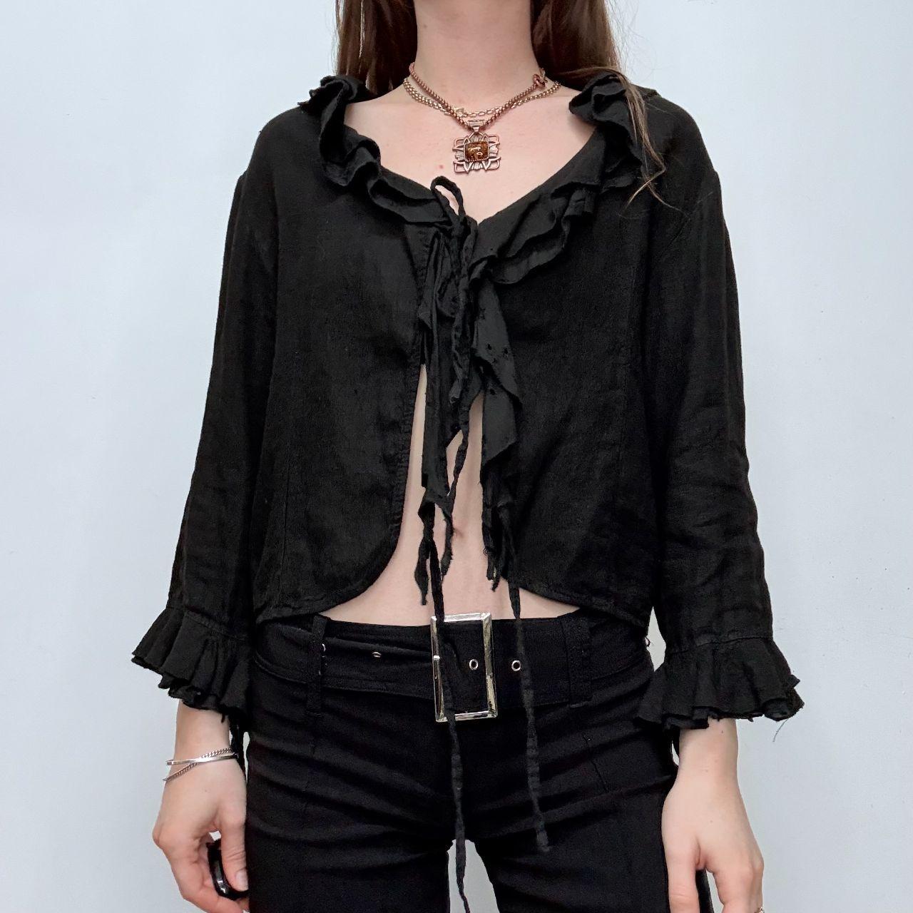 Black ruffle linen flared tie up ruffle shirt
