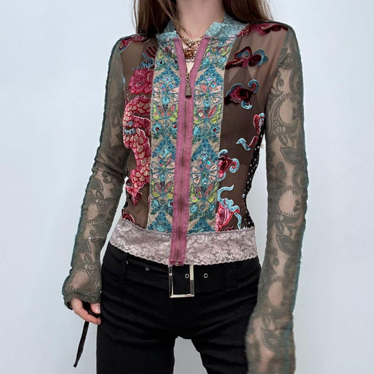 Floral lace fitted patchwork zip-shirt