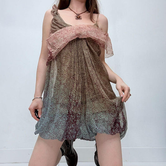 Sheer floral flutter asymmetric mini dress
