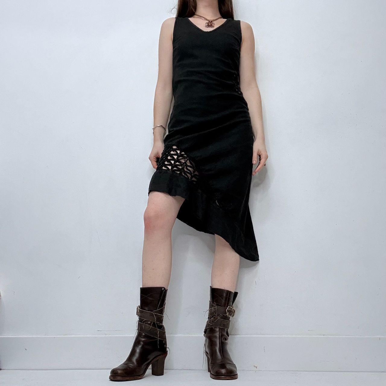 Black linen lace crochet cut out dress