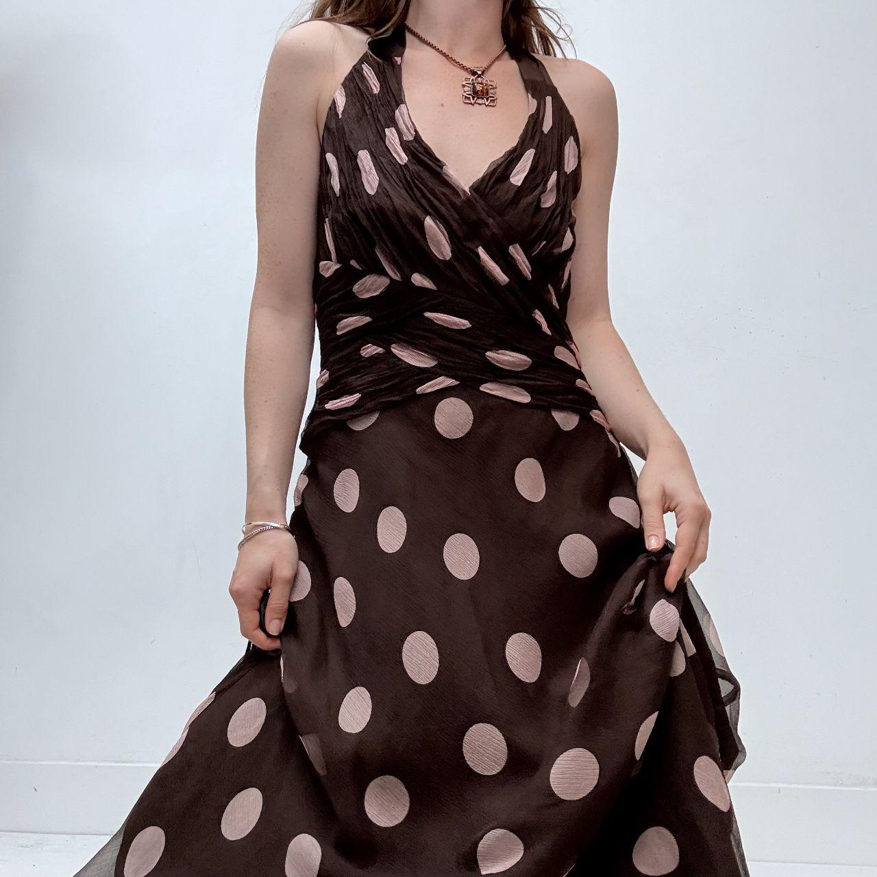 Brown silk polkadot halter dress