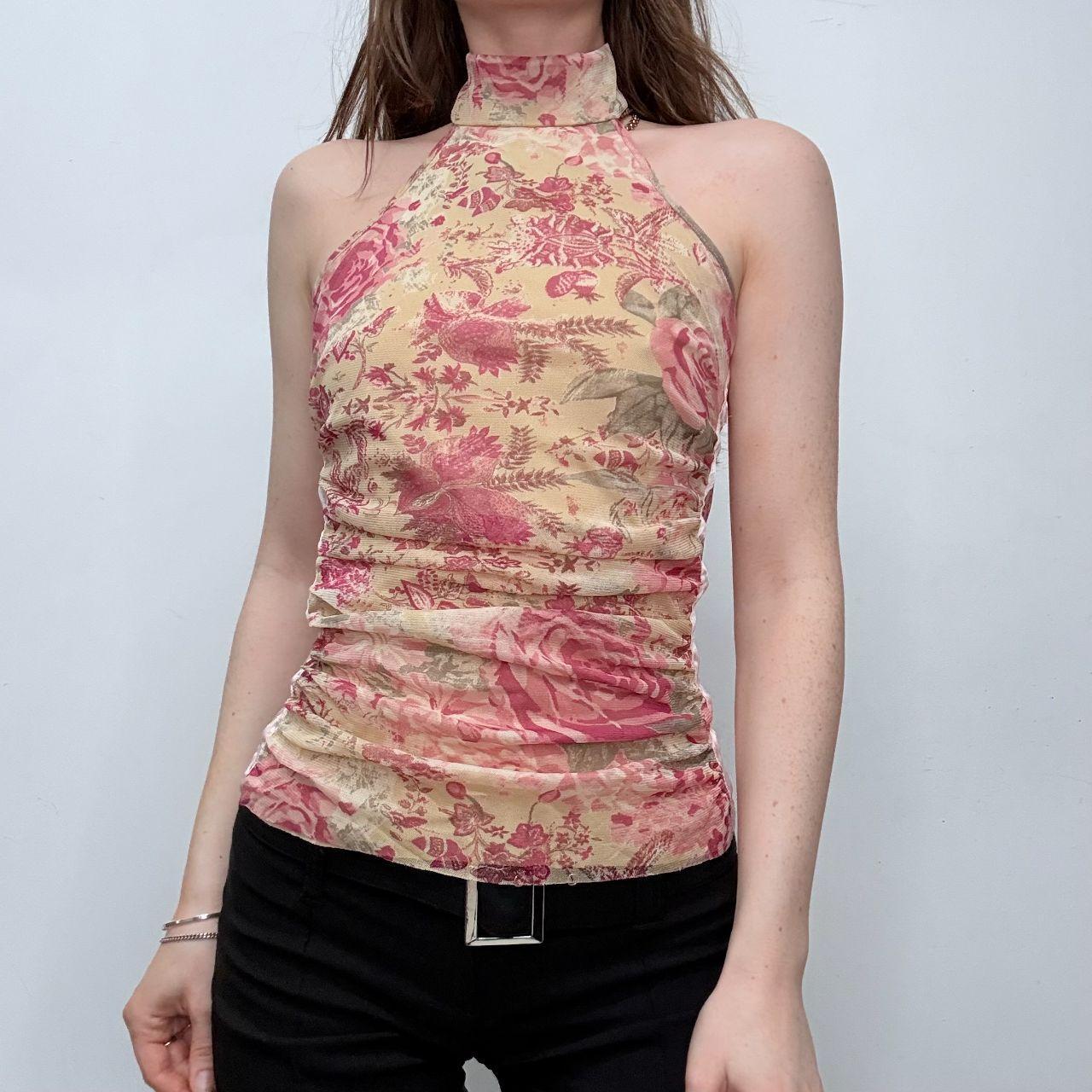 Sheer gathered mesh halter top