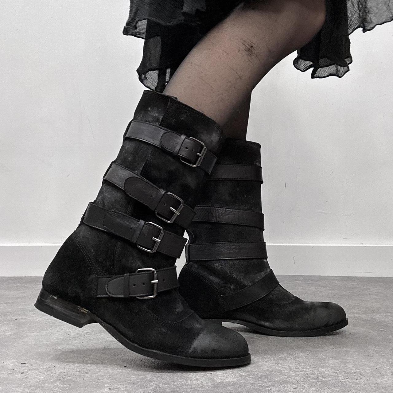 Black leather buckle biker boots