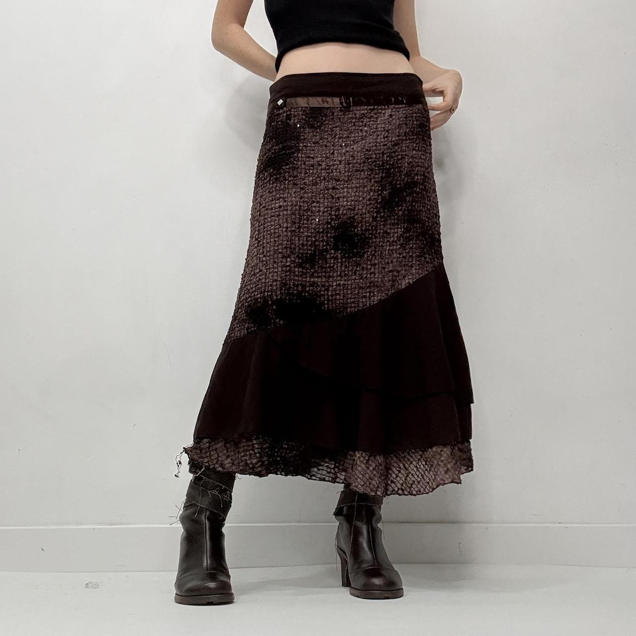Brown distressed textured layered maxi skirt