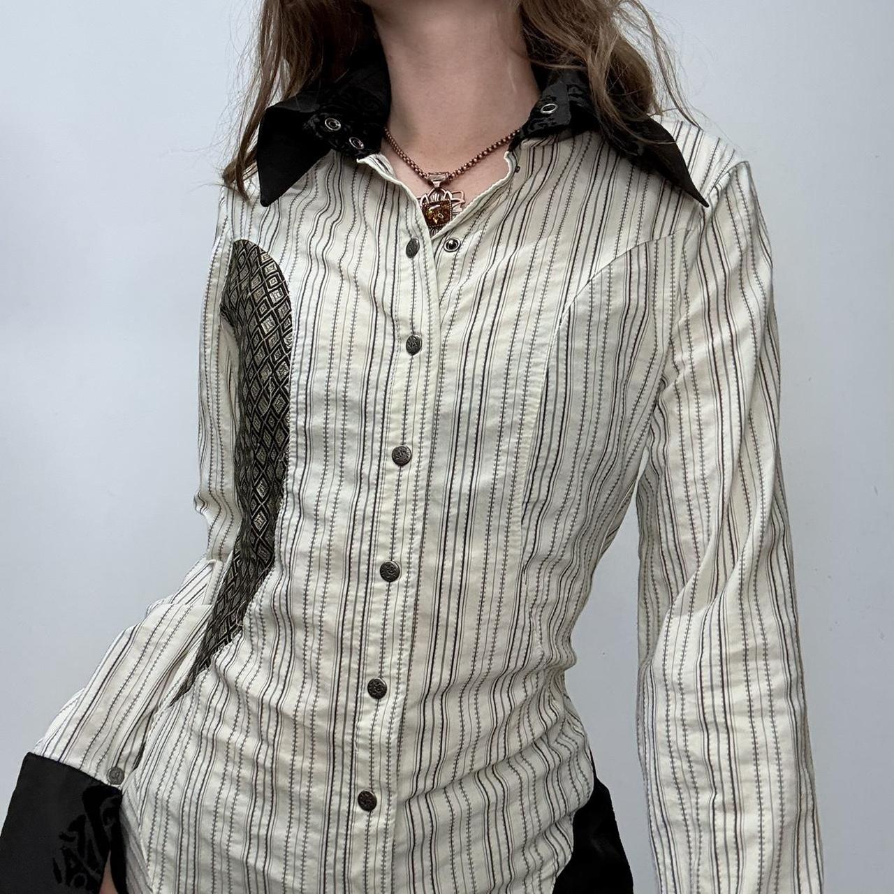 Pinstriped flared Save the Queen shirt