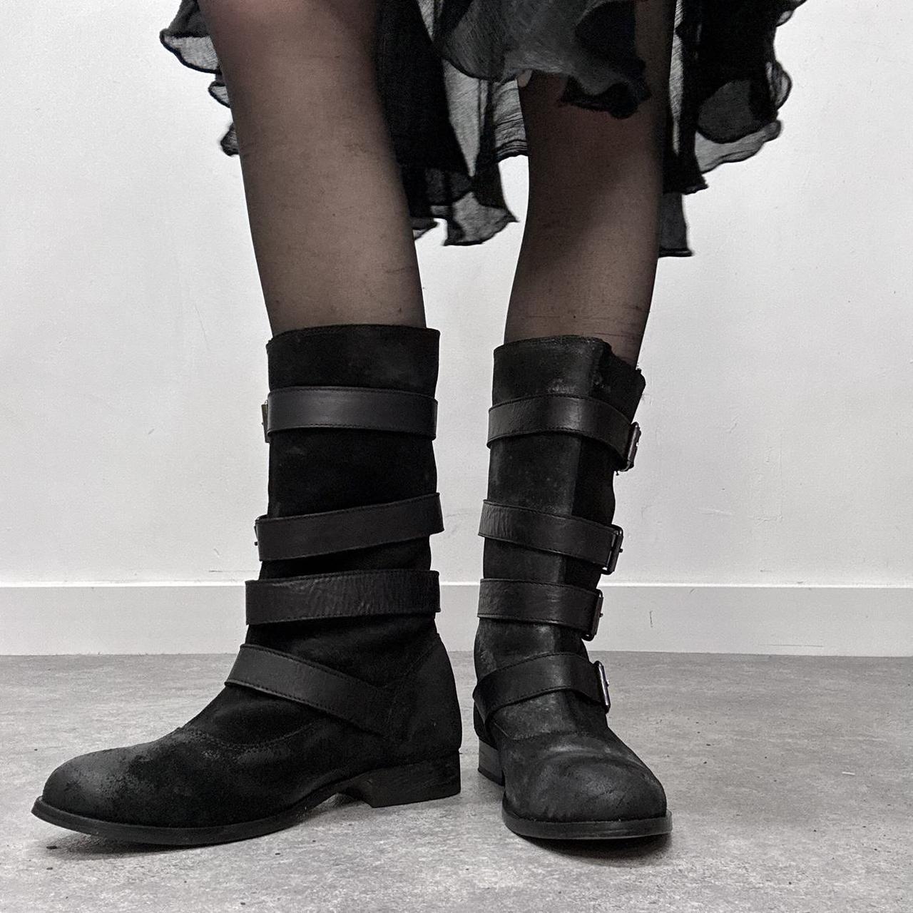 Black leather buckle biker boots
