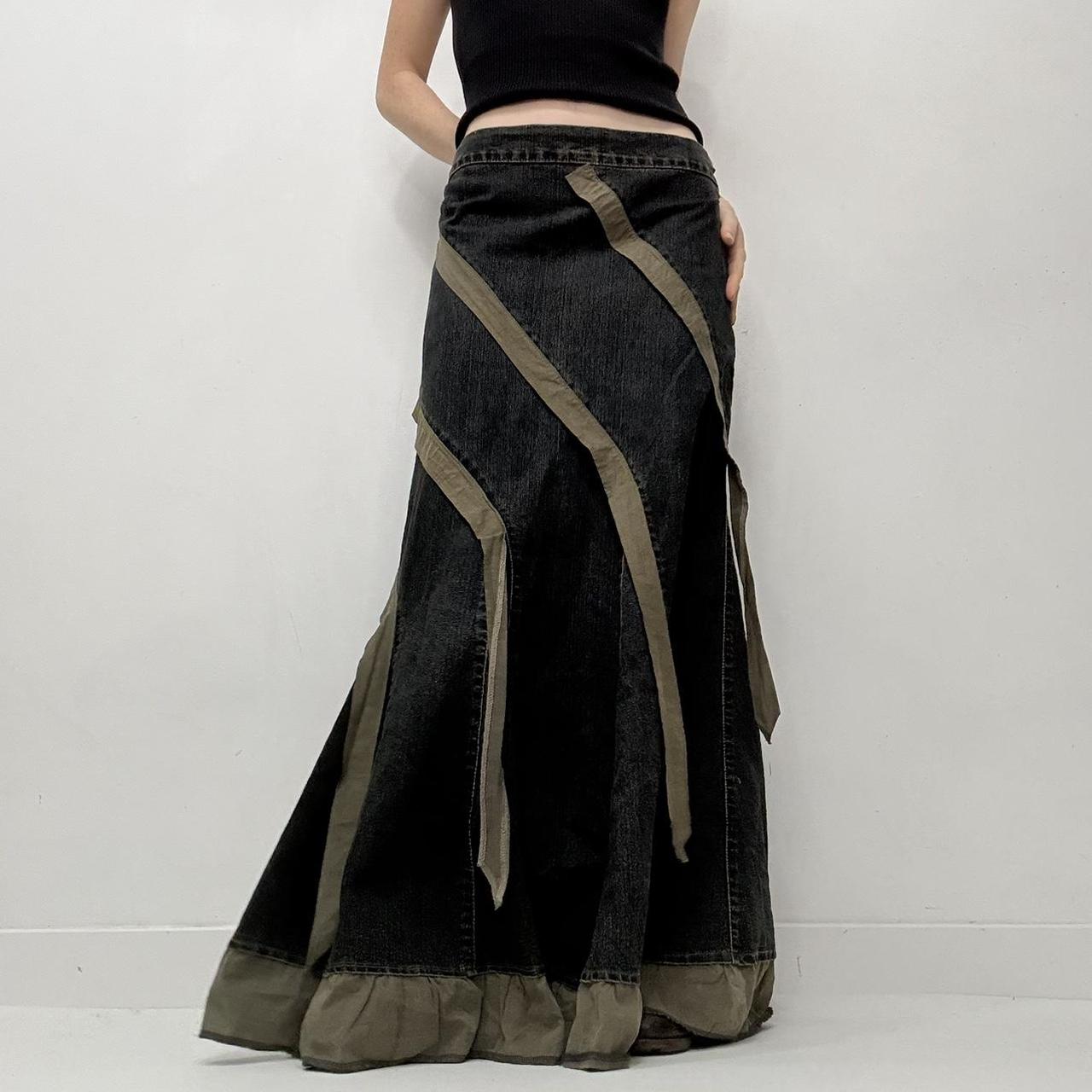 Dark denim ruffle maxi skirt