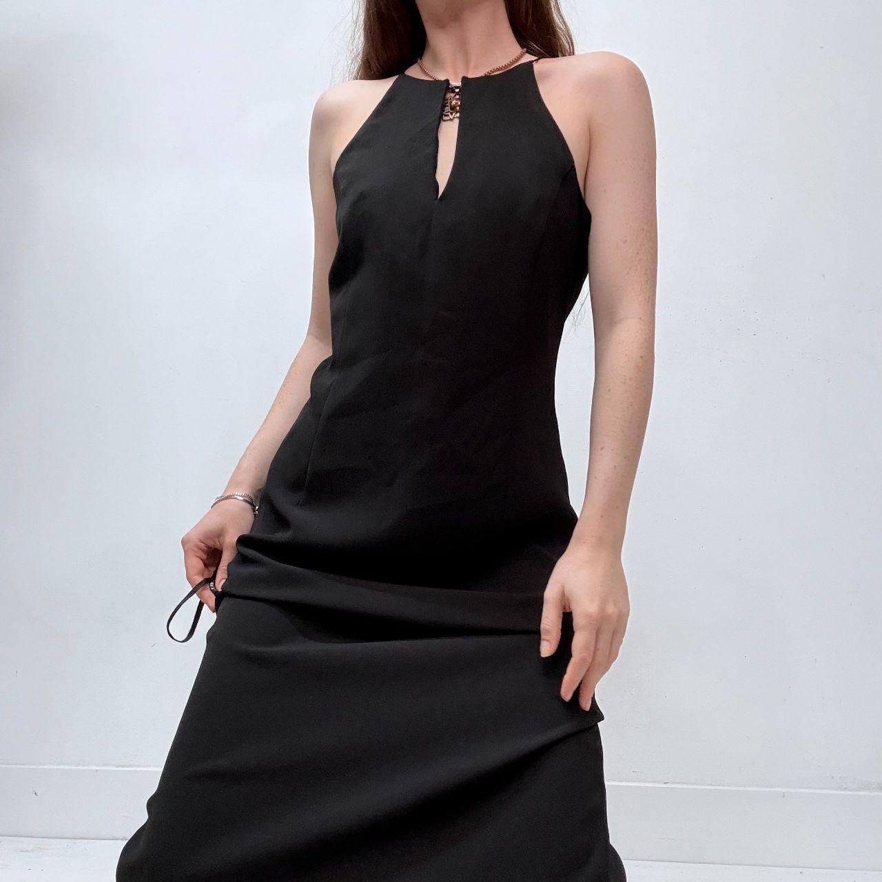 Black a-line bias cut sleek 90s high neck dress