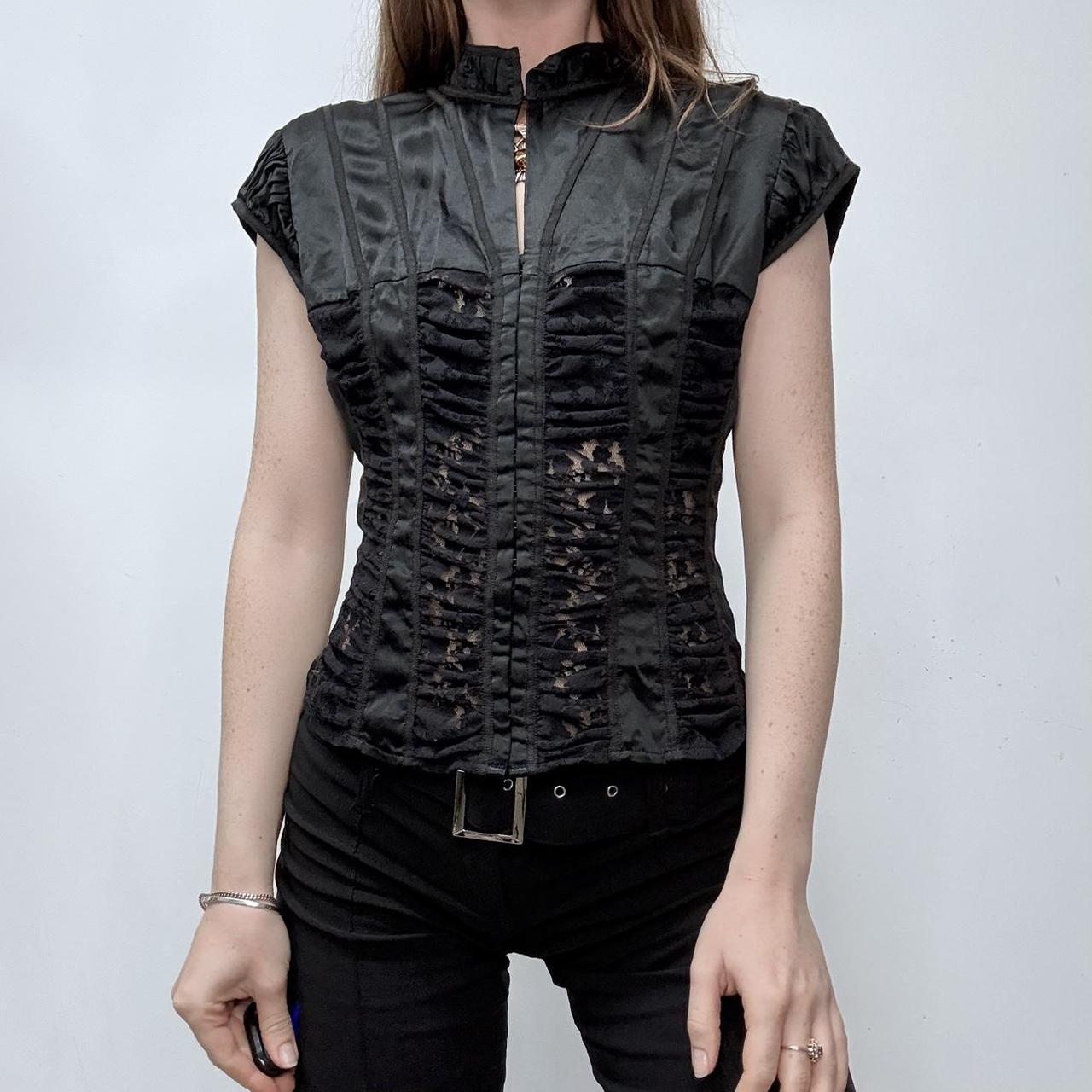 Black silk lace gathered corset shirt