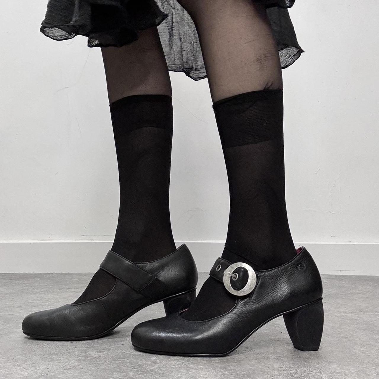 Black leather buckle heel mary janes