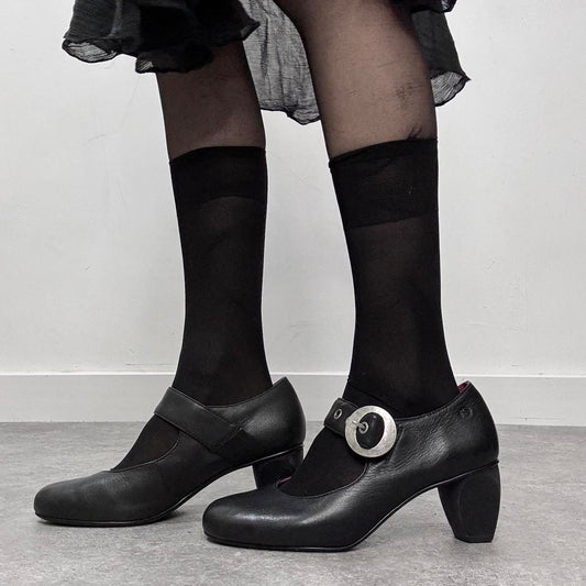 Black leather buckle heel mary janes