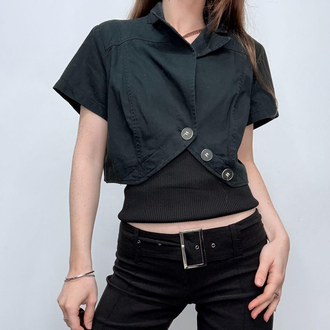 Black cropped asymmetric button top
