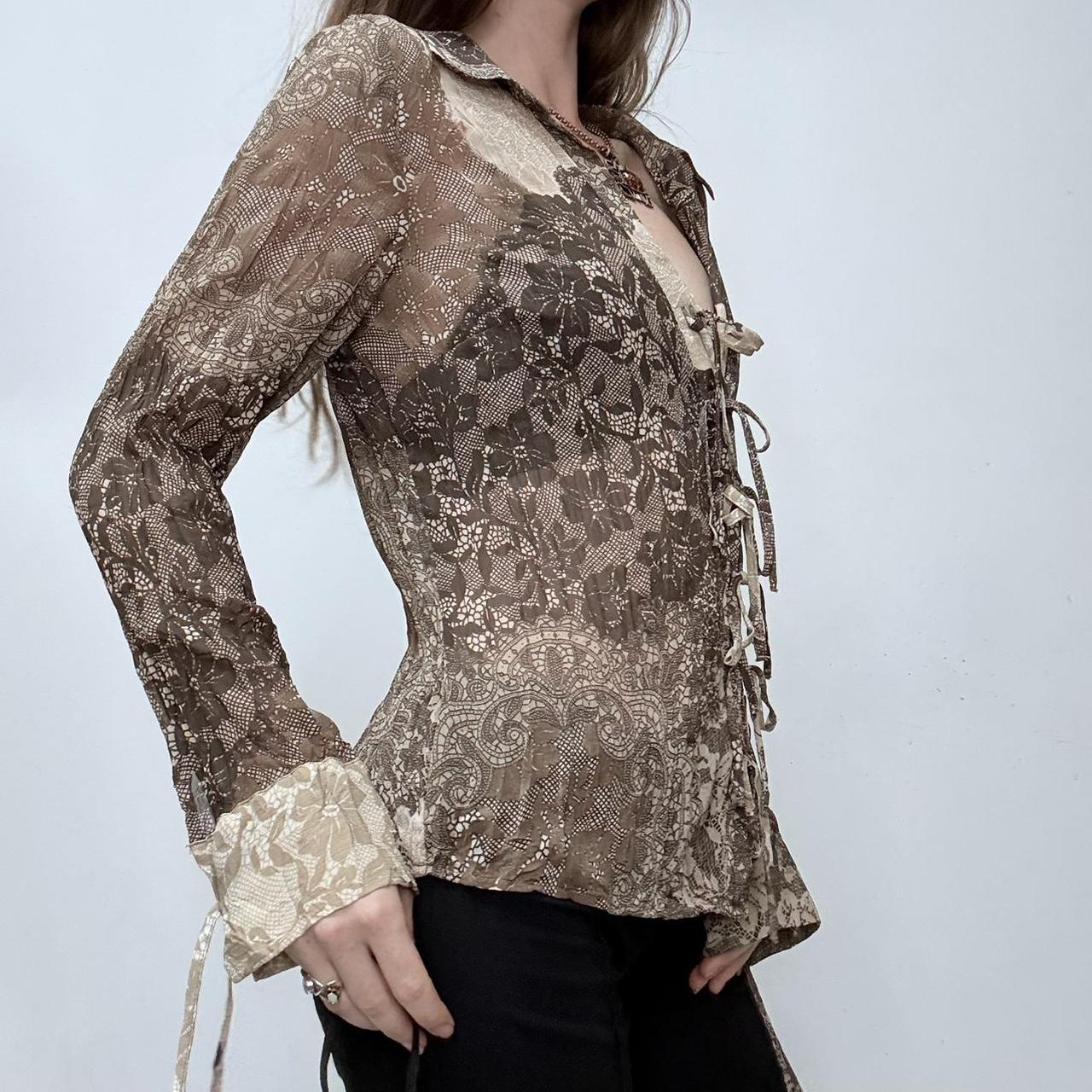 Sheer brown lace up corset paisley shirt