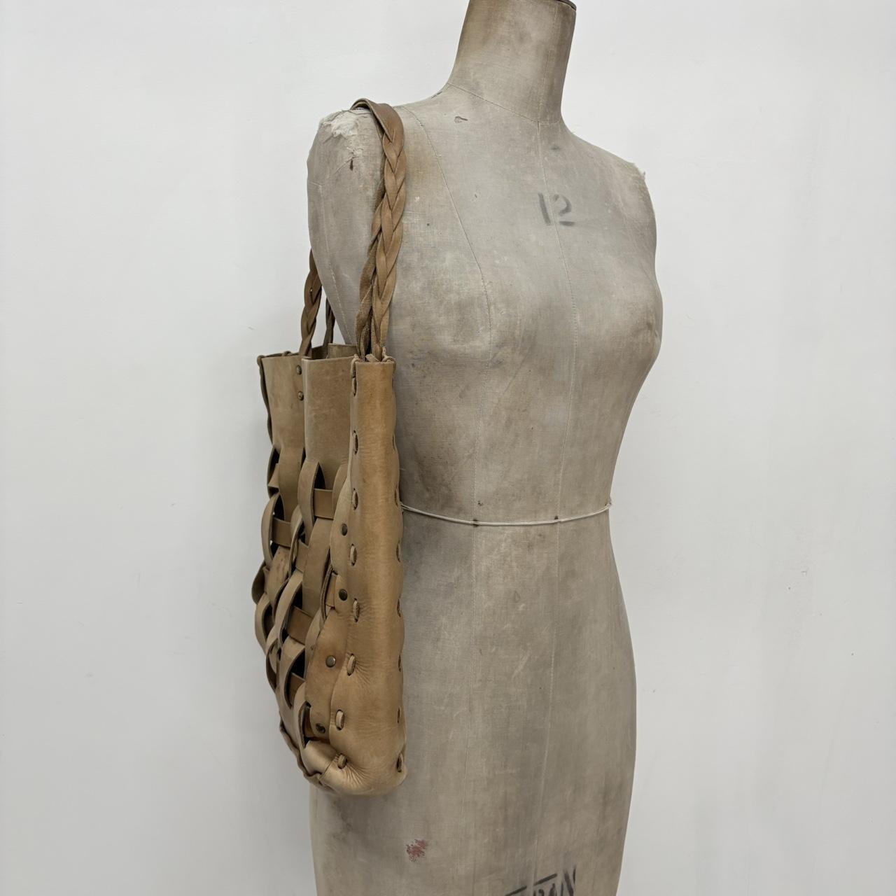 Tan leather woven tote bag