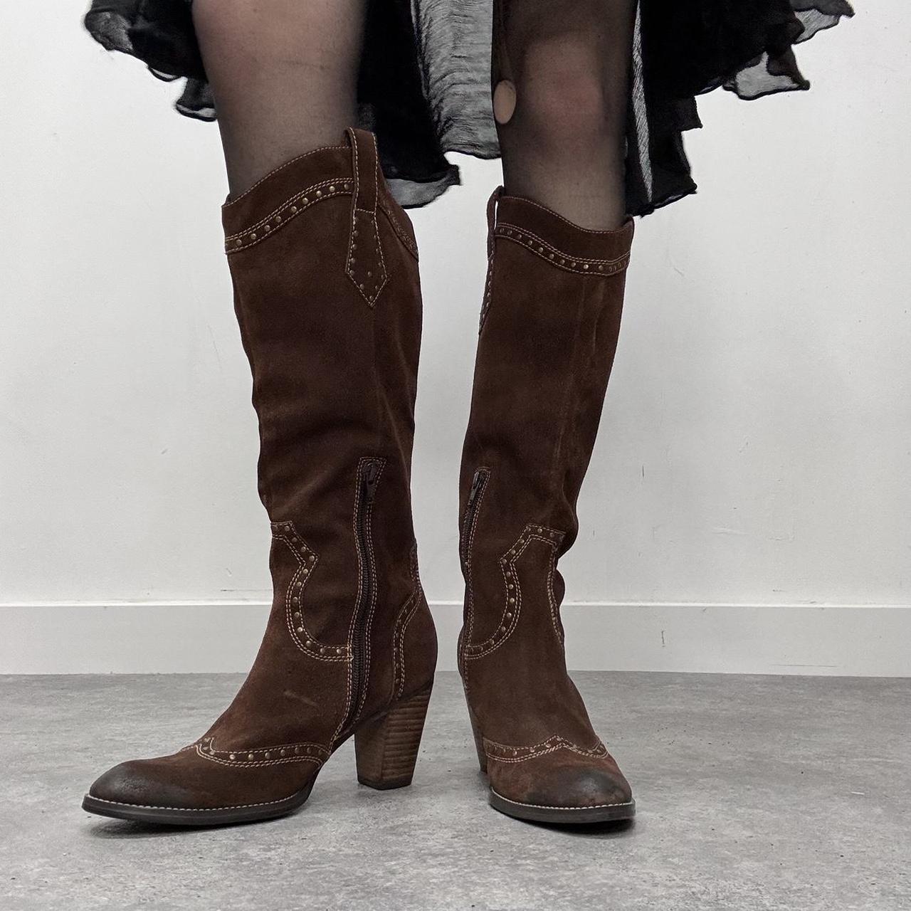 Brown leather studded bowboy boots