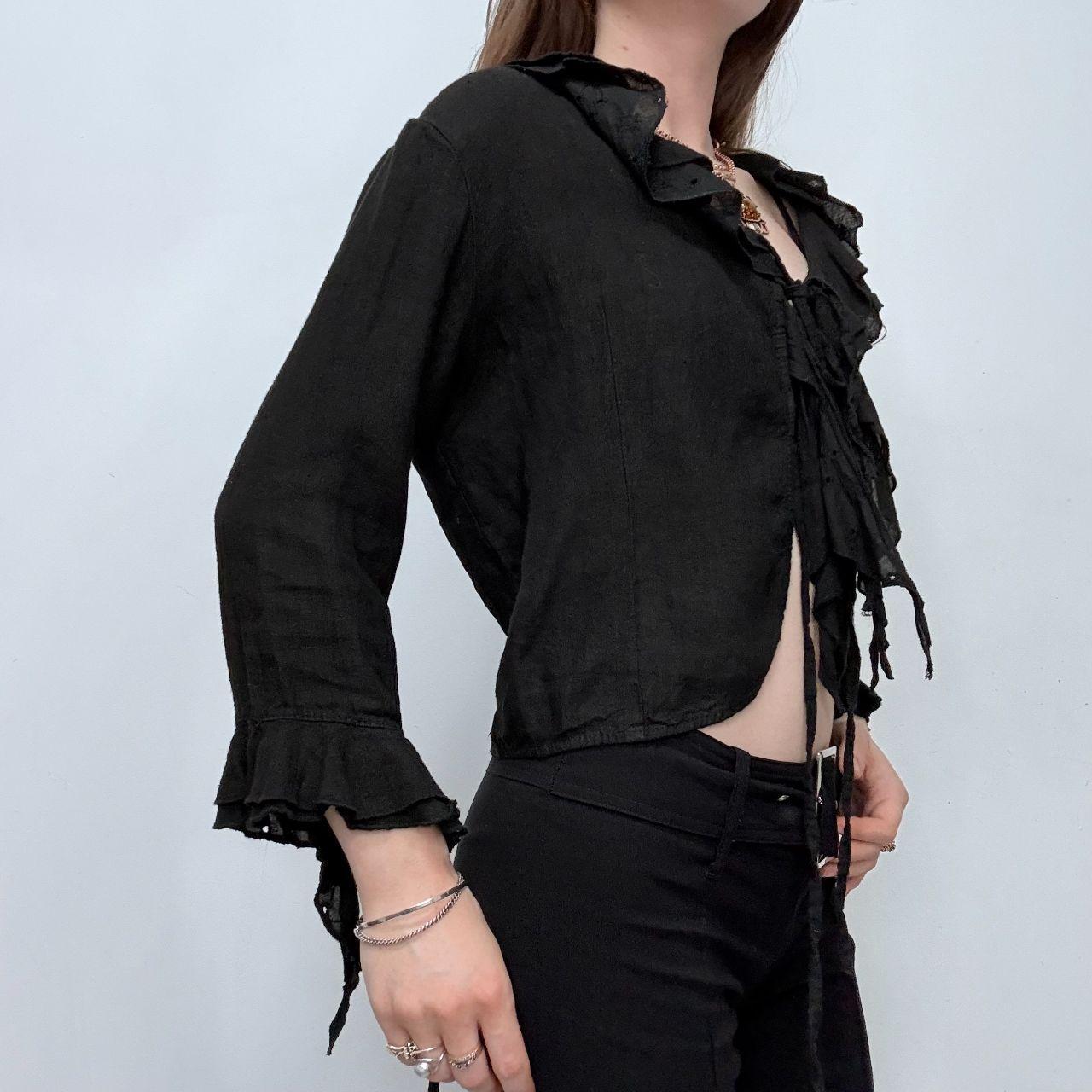 Black ruffle linen flared tie up ruffle shirt