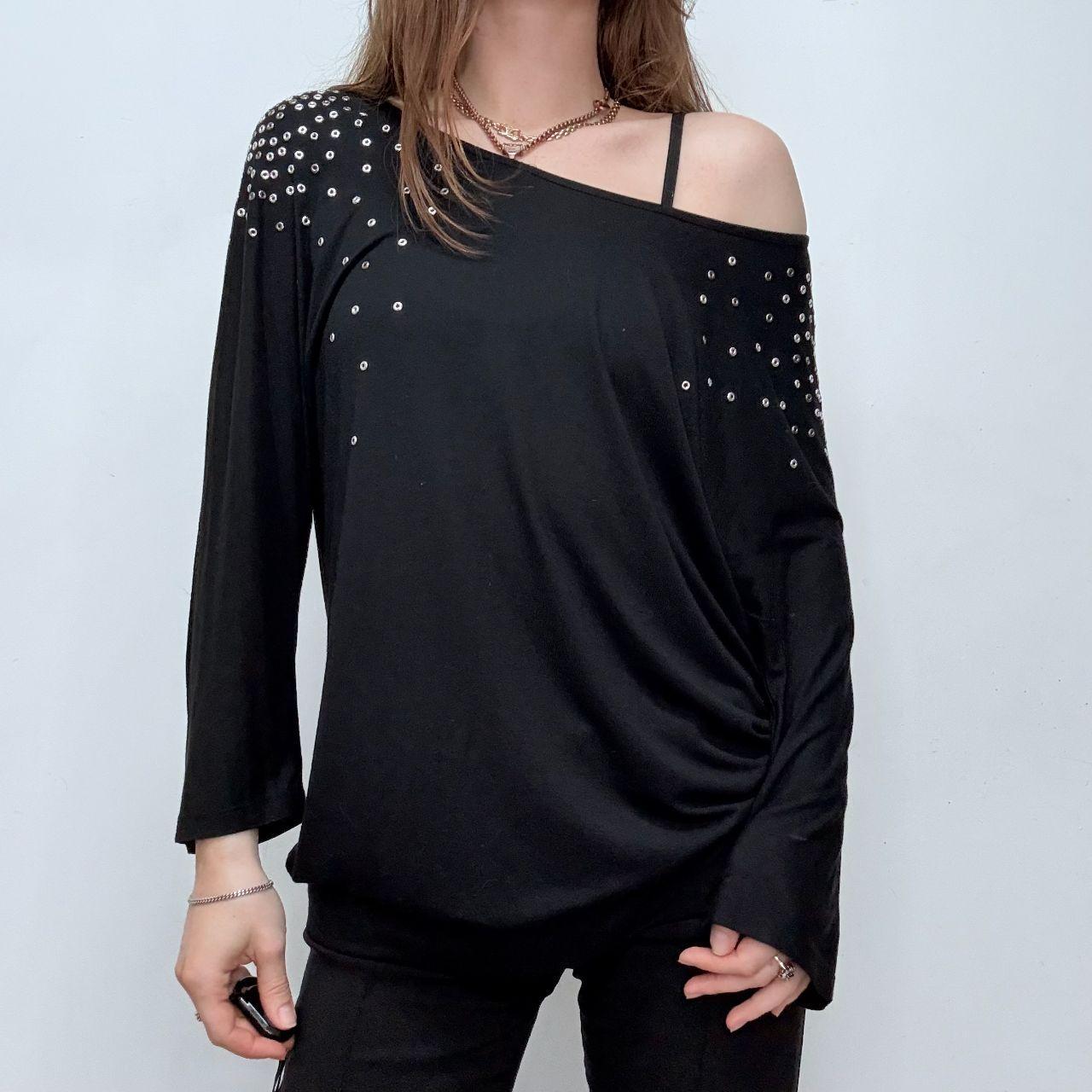 Black slouchy studded eyelet top