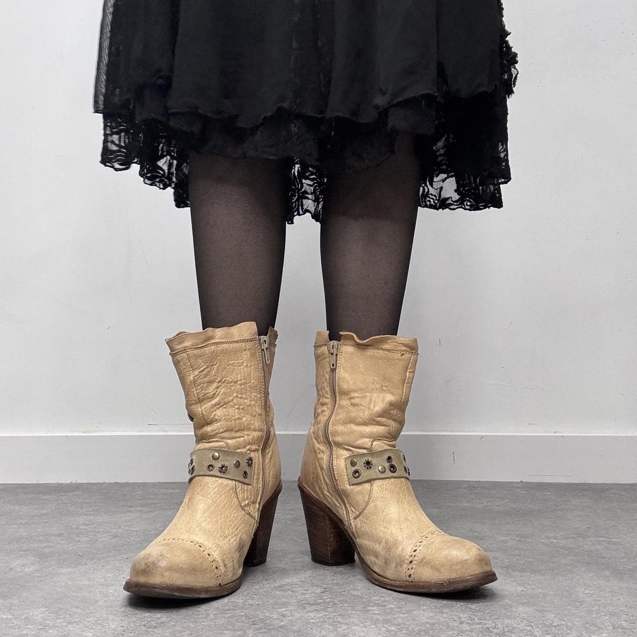 Cream leather studded eyelet boots