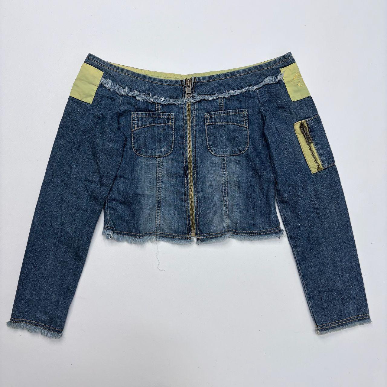 Distressed denim off the shoulder utility jacket